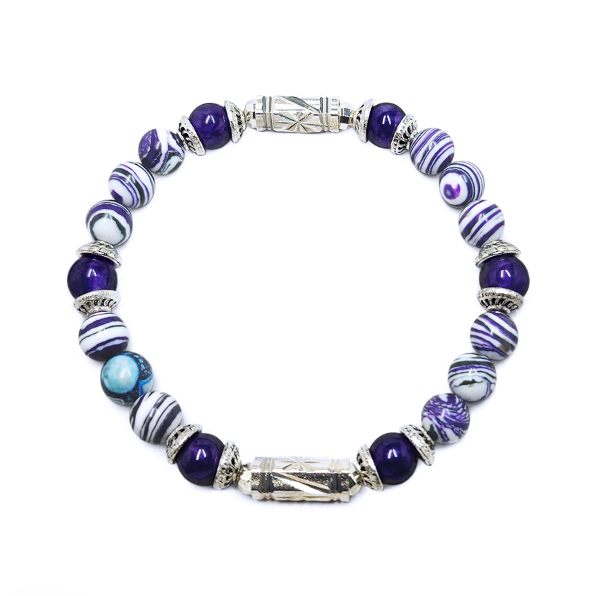 Purple and white stripe howlite bracelet with silver floating over a white background